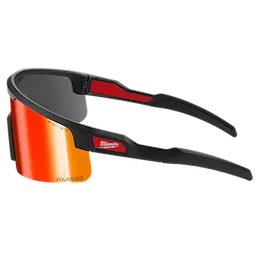 Polarized Wrap Around Safety Glasses feature red mirrored dual coat lenses. The glasses are designed with black frames and red accents on the temples. They provide eye protection and reduce glare. The lenses are labeled "polarized" to indicate their light-filtering capabilities.