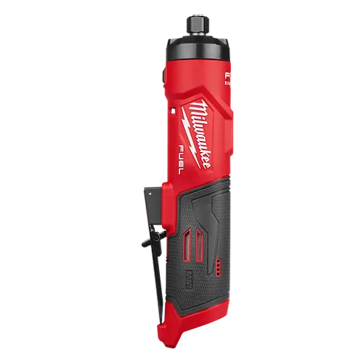 M12 FUEL 1/4" Straight Die Grinder standing upright with textured grip and visible side switch.