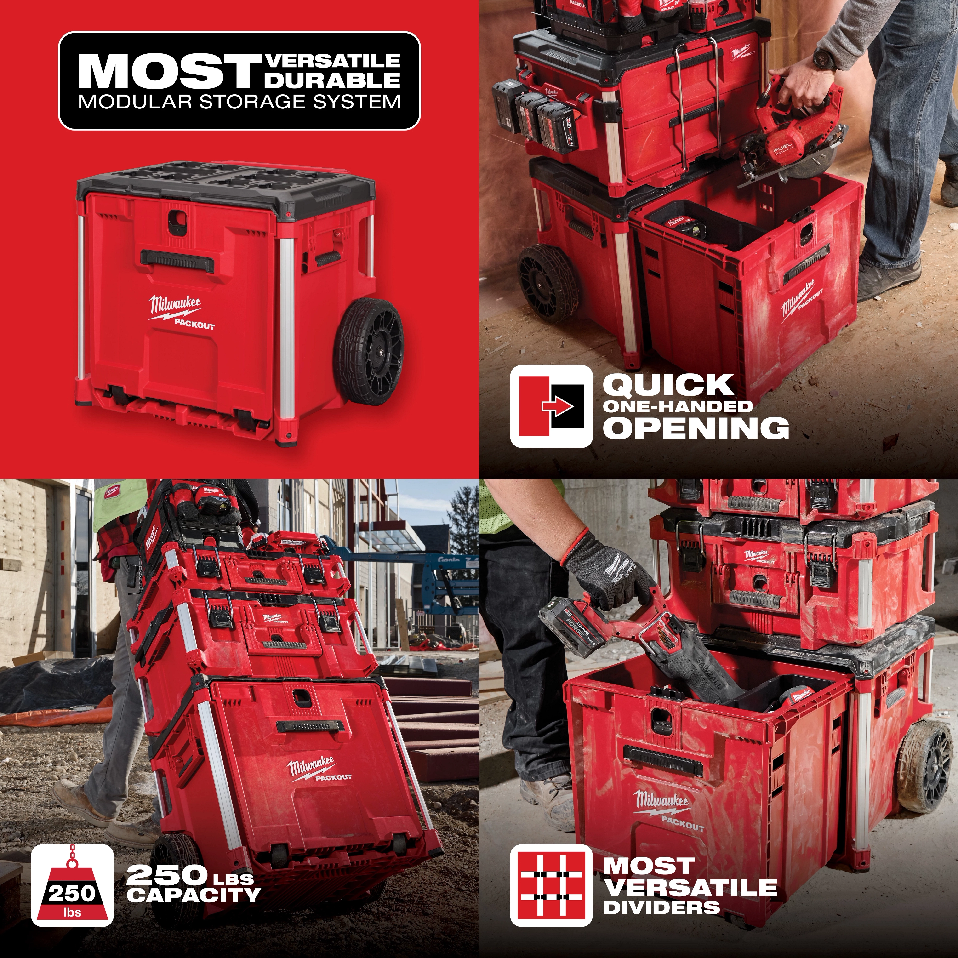 The Hover Image shows a red Milwaukee Packout modular storage system with quick one-handed opening, a 250 lbs capacity, and versatile dividers.