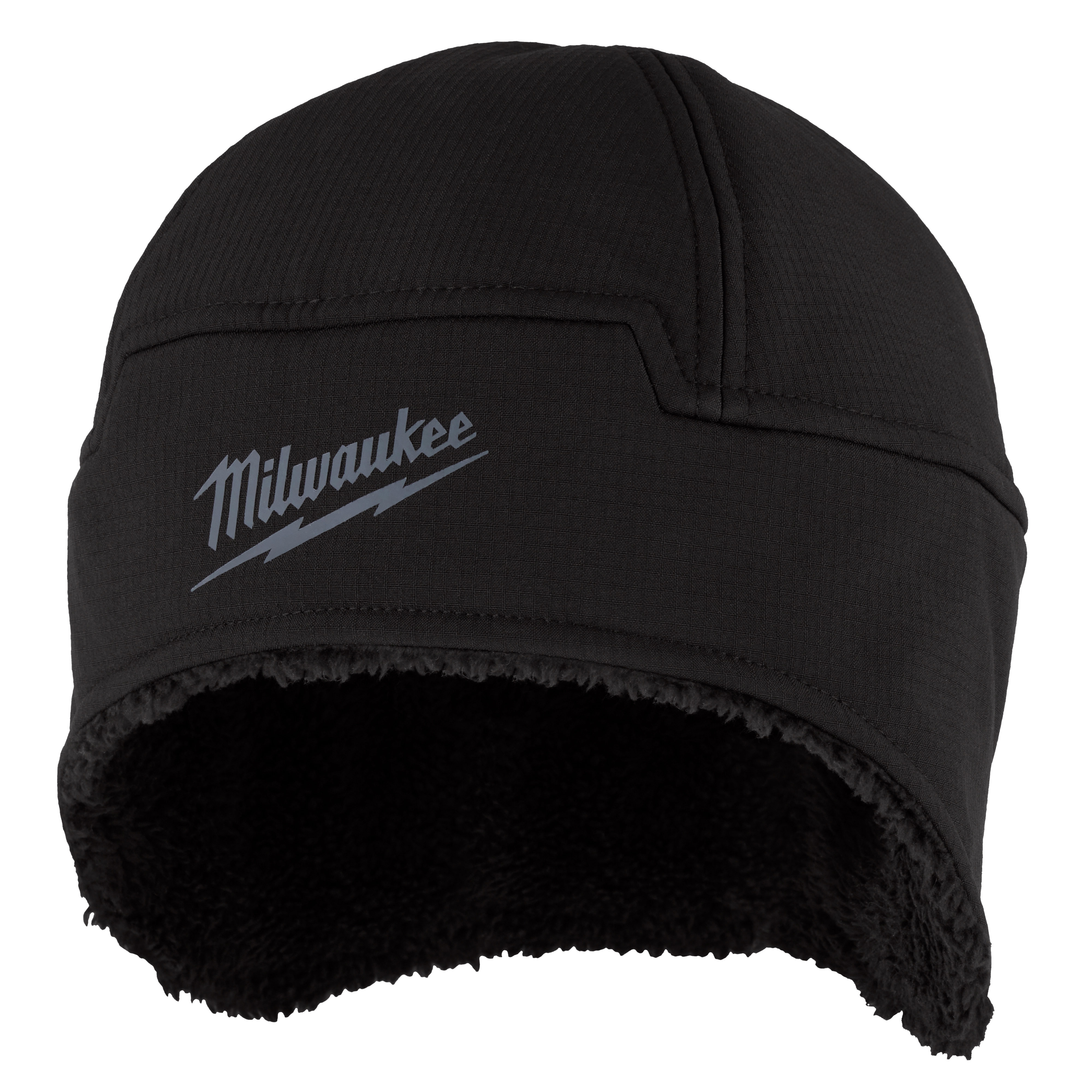 Milwaukee Sherpa-Lined Beanie in black with a grey Milwaukee logo on the front. The beanie has a soft, fuzzy interior lining.