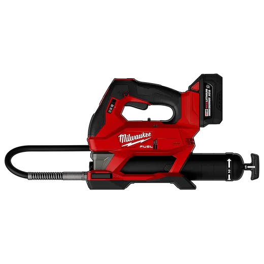 Side view of a red and black cordless M18 FUEL Grease Gun with hose and battery pack attached.
