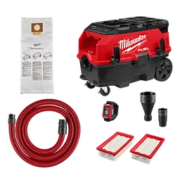 The image shows the Milwaukee M18 FUEL™ PACKOUT™ 9 Gallon Dual-Battery Dust Extractor w/ VACLINK™. Included are the dust extractor, hose, two filters, dust collection bag, remote, and various attachments. The extractor is red and black with wheels for portability.