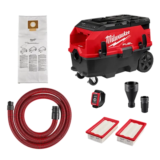 The image shows the Milwaukee M18 FUEL™ PACKOUT™ 9 Gallon Dual-Battery Dust Extractor w/ VACLINK™. Included are the dust extractor, hose, two filters, dust collection bag, remote, and various attachments. The extractor is red and black with wheels for portability.