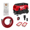 The image shows the Milwaukee M18 FUEL™ PACKOUT™ 9 Gallon Dual-Battery Dust Extractor w/ VACLINK™. Included are the dust extractor, hose, two filters, dust collection bag, remote, and various attachments. The extractor is red and black with wheels for portability.