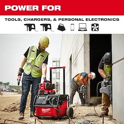 Image of the Milwaukee ROLL-ON 7200W/3600W 2.5KWH Power Supply on a jobsite with the text "Power for tools, chargers, & personal electronics"