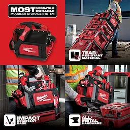 Milwaukee Packout modular storage system showing its versatile design, tear-resistant material, impact-resistant base, and all-metal hardware.