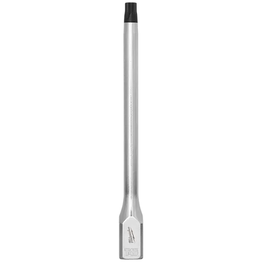The 3/8" Drive T45 Long TORX Bit Socket is a silver, cylindrical tool with a black T45 TORX bit head, designed for durability and reach in fastening applications. It features a hexagonal base with branding and "T45" engraved.