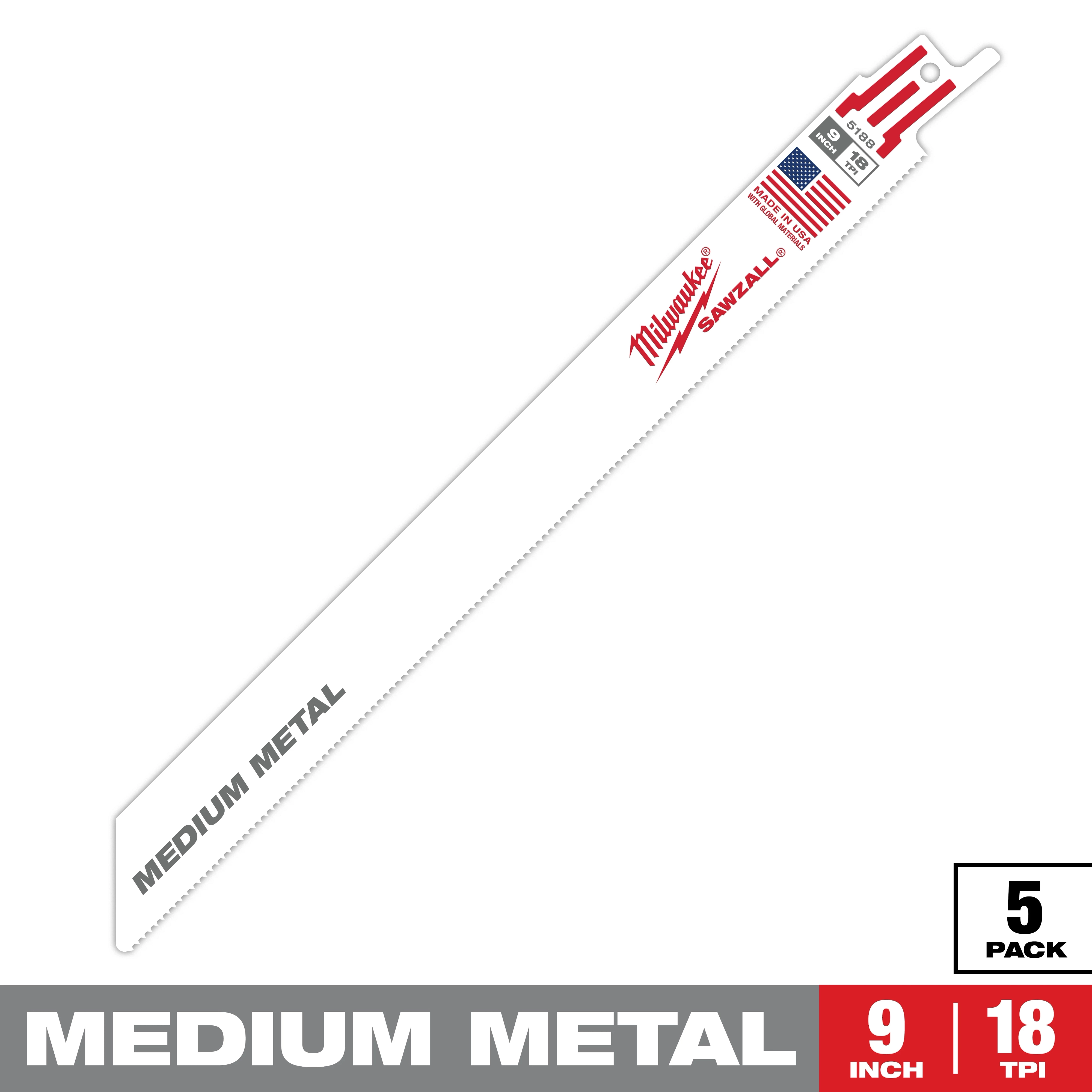 Product image for Milwaukee 48-00-5188 9" x 18-TPI SAWZALL® Bi-Metal Blade, Rigid Conduit/Strut (5/Pack)