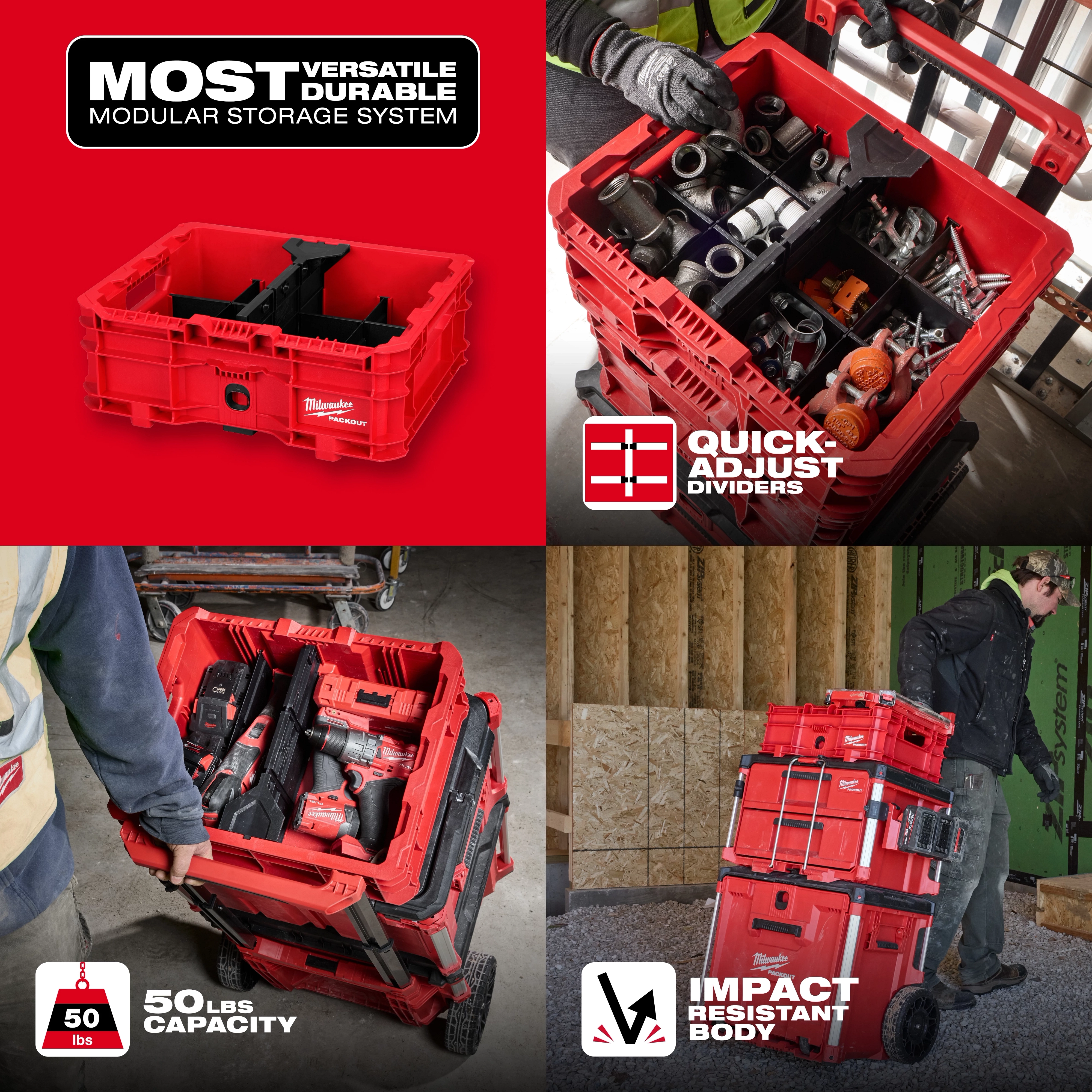 PACKOUT Low-Profile Crate modular storage box holding tools and gear, stacked on rolling tool boxes in a worksite setting.