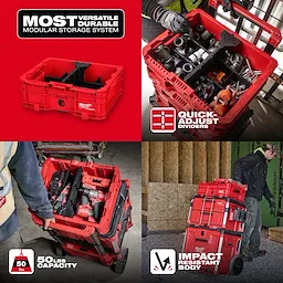 PACKOUT Low-Profile Crate modular storage box holding tools and gear, stacked on rolling tool boxes in a worksite setting.