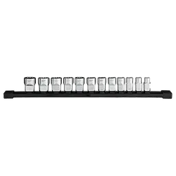 The image shows a 12pc 3/8” Drive 12-Point Metric Socket Set arranged in a row on a black plastic holder. The sockets are silver-colored, labeled with different metric sizes, and feature a 12-point design.