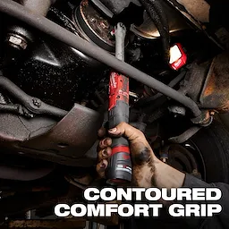 M12 FUEL 3/8" Extended Reach Ratchet held under a vehicle with bold text reading CONTOURED COMFORT GRIP.
