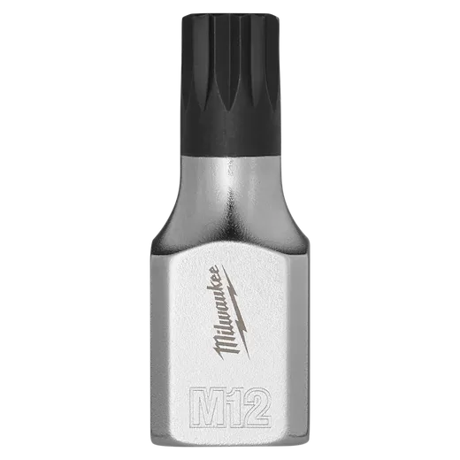 The 3/8" Drive 12mm Triple Square Bit Socket is made of steel with a silver finish and features a black, twelve-point bit. The brand name and "M12" are engraved on the socket.