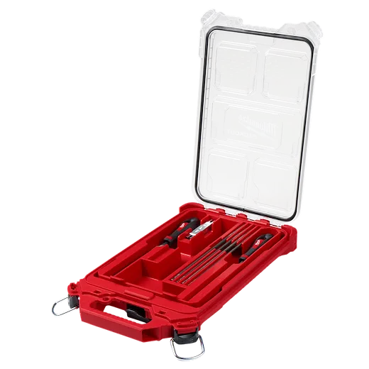 The 9pc Saw Chain Sharpening Set with PACKOUT™ Low-Profile Compact Organizer features a red case with a transparent lid, containing sharpening files, guides, and other tools for saw chain maintenance. The compact design allows for easy storage and transportation.