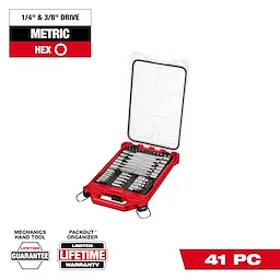 41pc 1/4” and 3/8” Drive Metric Bit Socket Set with PACKOUT Compact Low-Profile Organizer open showing arranged bits.