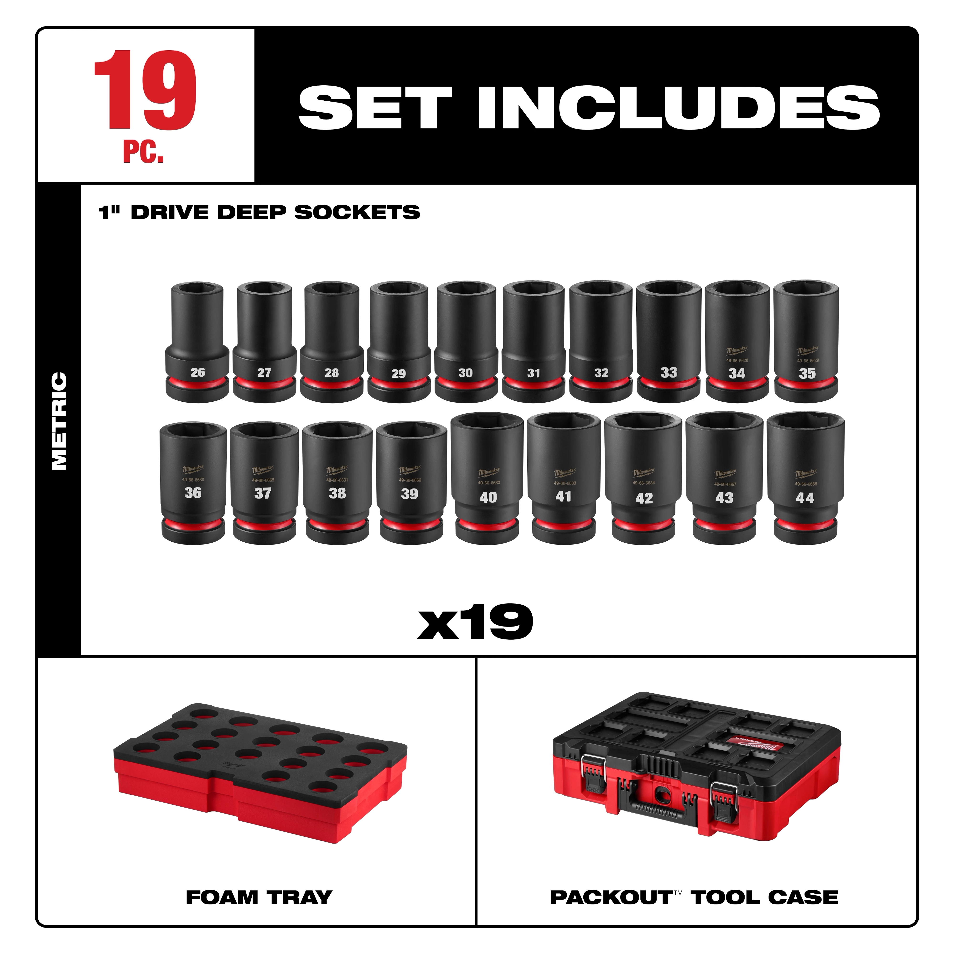 19PC SHOCKWAVE Impact Duty 1" Drive Metric Deep Socket Set with PACKOUT in foam tray and tool case layout.