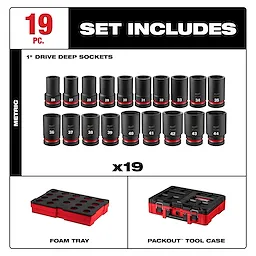 19PC SHOCKWAVE Impact Duty 1" Drive Metric Deep Socket Set with PACKOUT in foam tray and tool case layout.