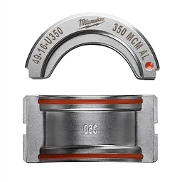 The 350 MCM Aluminum U Style Die is shown with two metal die parts. The top part is a curved half-circle labeled "49-16-U350 350 MCM AL," and the bottom part is rectangular with "350" engraved on it. Both parts are silver with orange details.