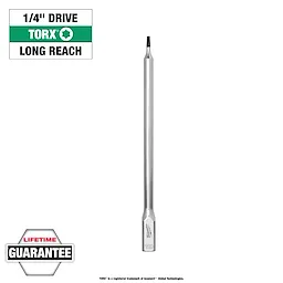1/4" Drive T10 Long TORX Bit Socket, a long-reach bit for precision tasks. It includes a lifetime guarantee.