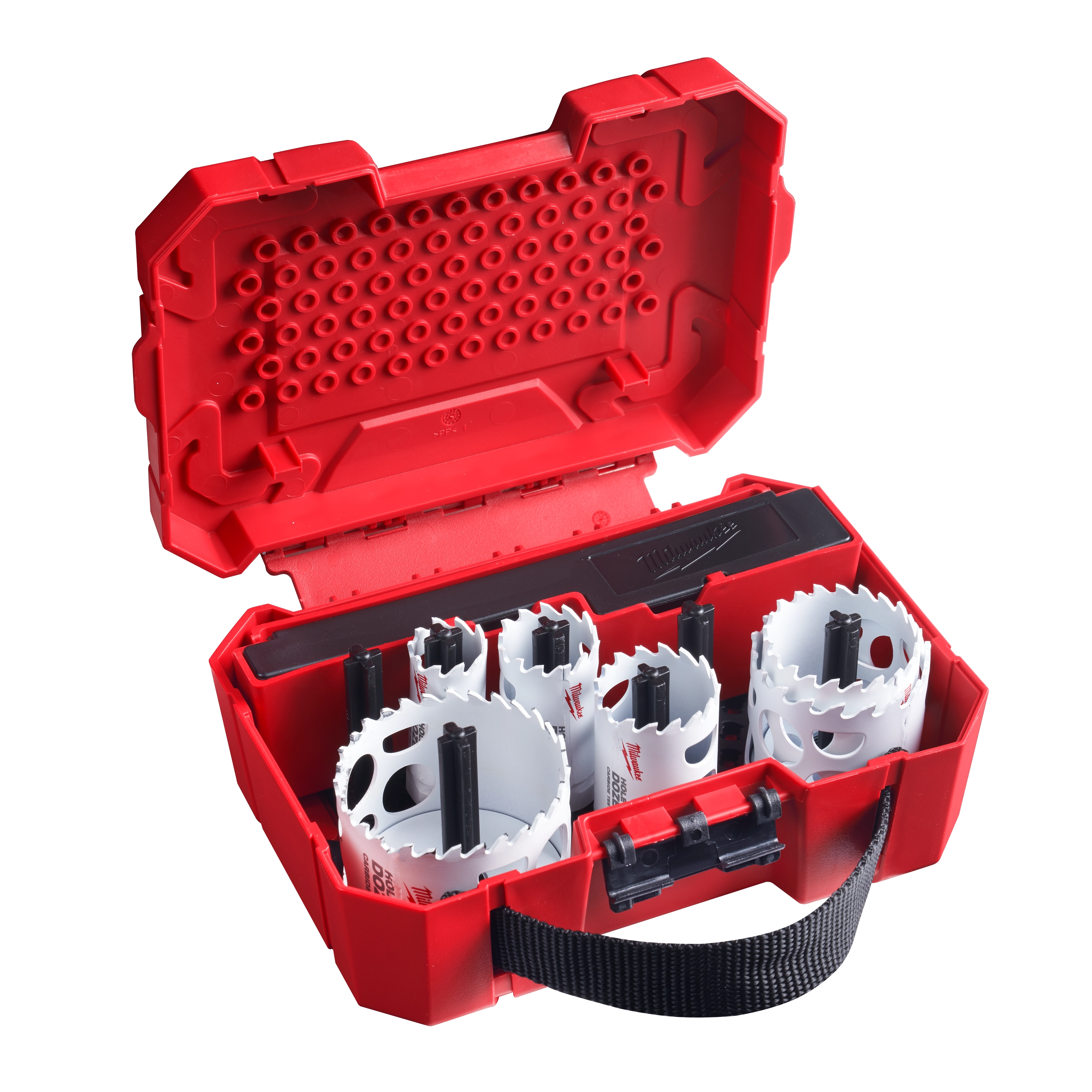 10%20PC%20Carbide%20Dozer set in a red hard case with six hole saw blades and accessories, featuring a black carrying strap.