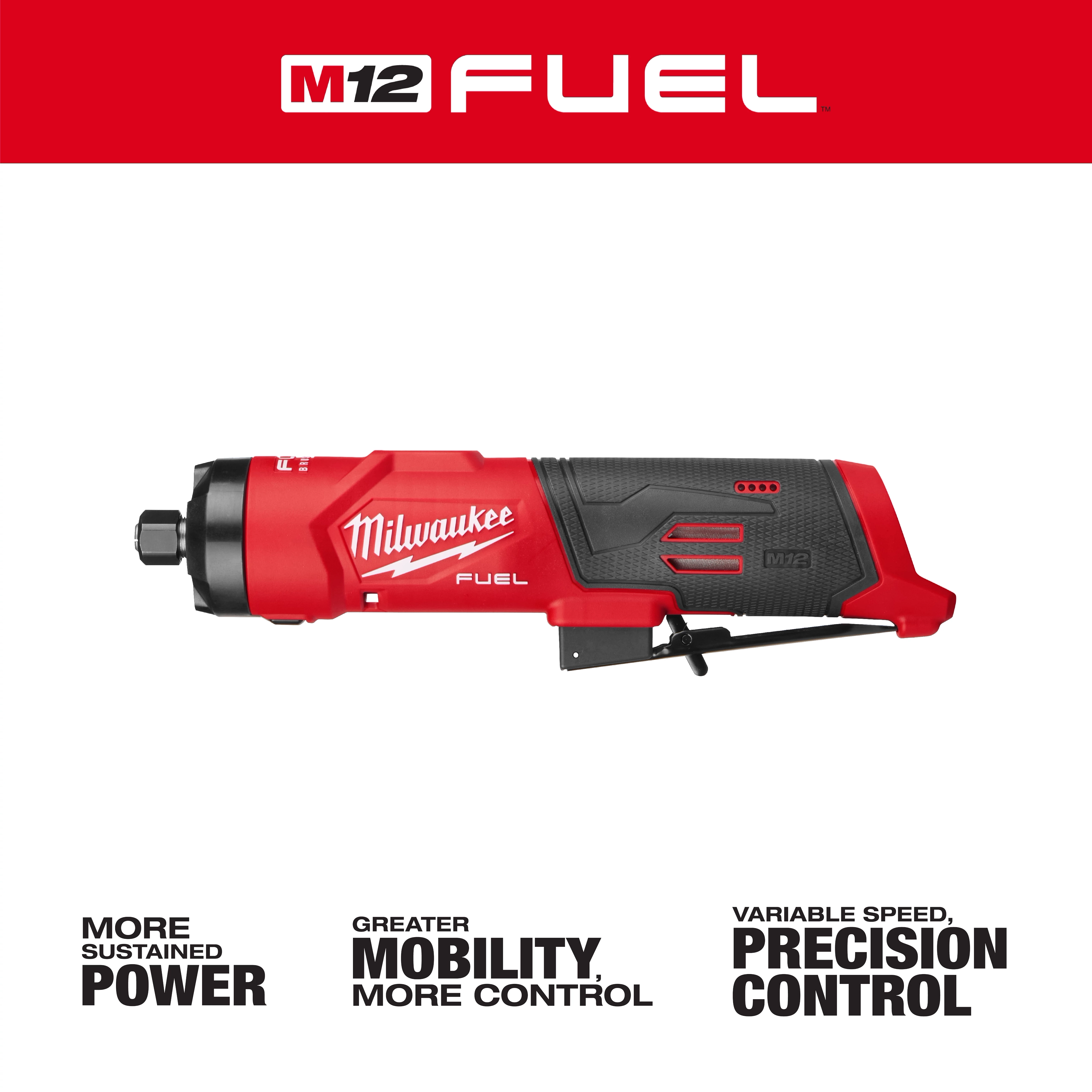 M12 FUEL 1/4" Straight Die Grinder power tool displayed horizontally on a white background.