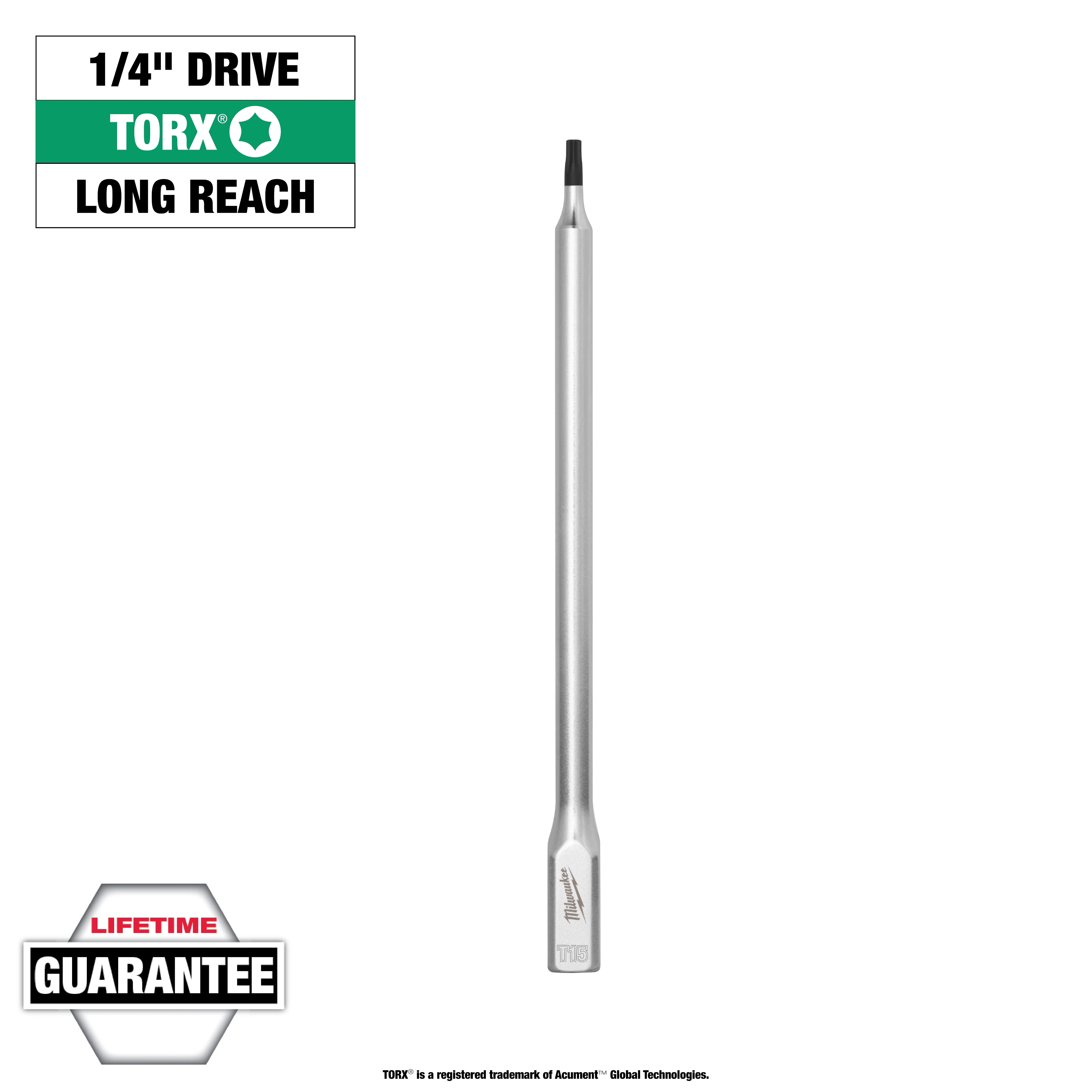 1/4" Drive T15 Long TORX Bit Socket, featuring a long reach design with a lifetime guarantee.