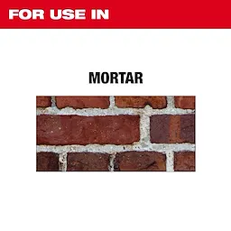 Image showing text "FOR USE IN" at the top with a photo of brick mortar below and "MORTAR" written above the photo. The image advertises the DIAMOND MAX™ Tuck Point Diamond Blade for use in cutting through mortar.