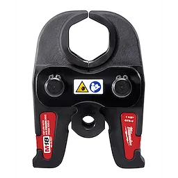 M18 1 1/2" Jaw crimping tool head with black and red design, safety symbols, and connection points for secure attachment.