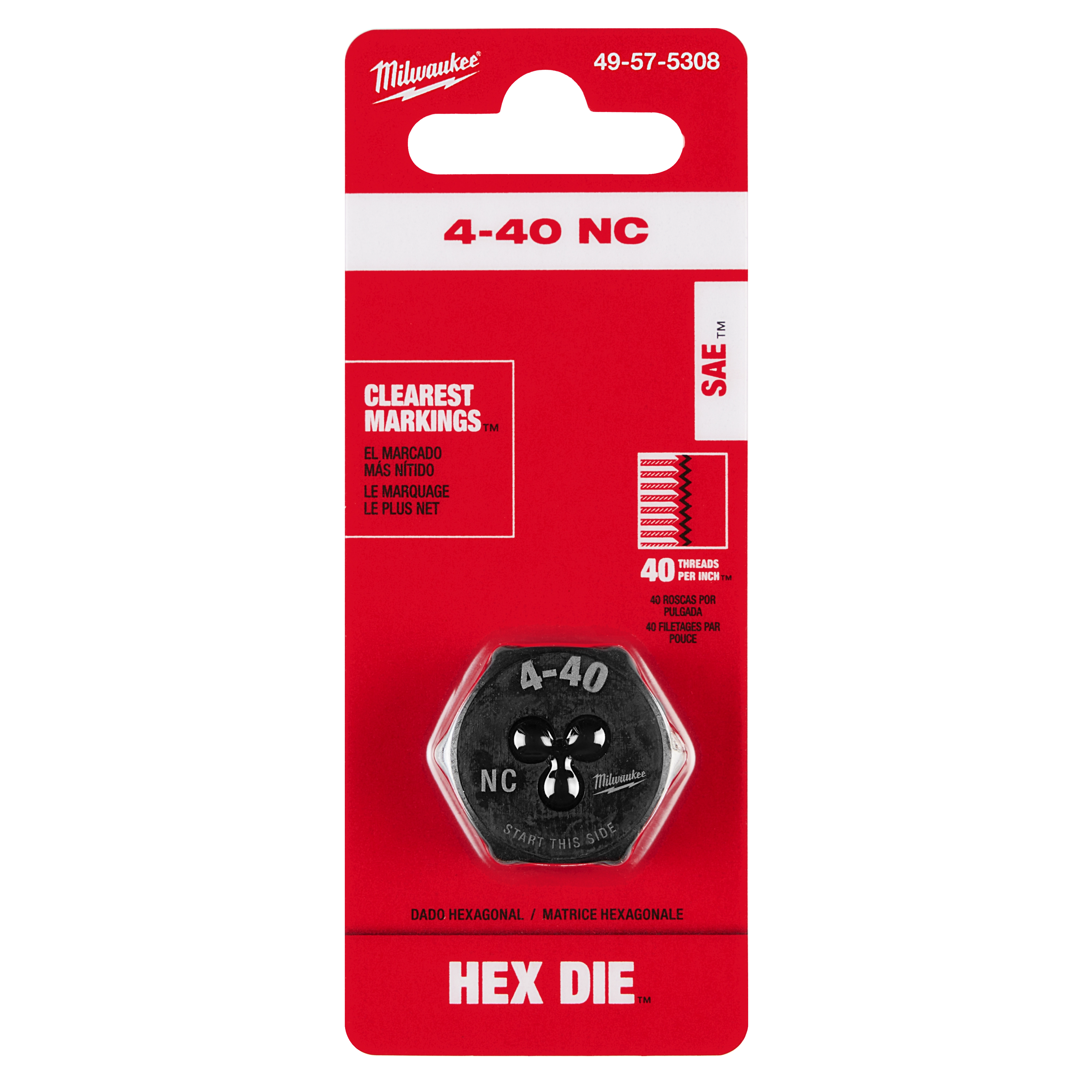 Milwaukee 4-40 NC 1-Inch Hex Threading Die in red packaging with clear markings, 40 threads per inch, SAE standard.