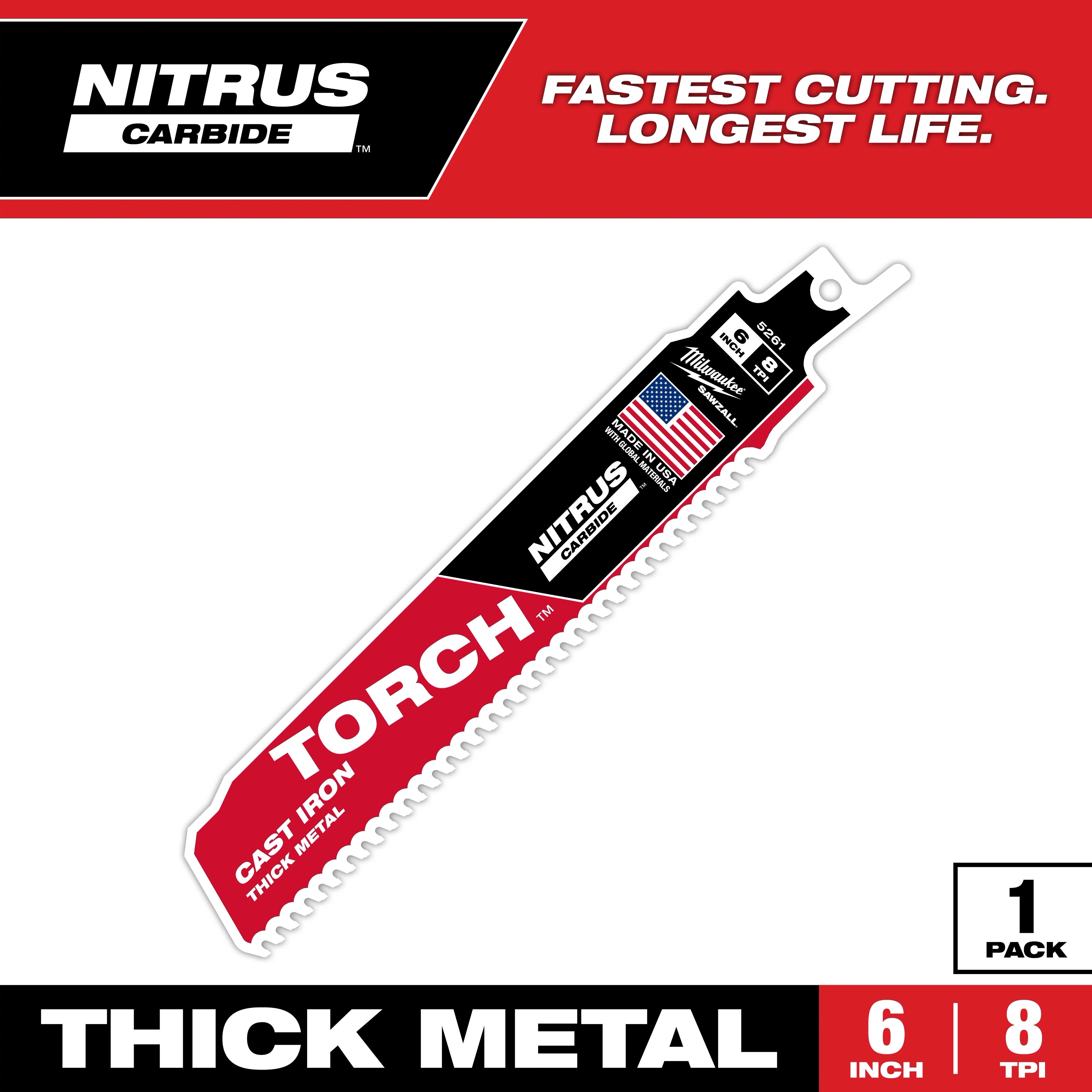 The Nitrus Carbide Torch is a 6-inch saw blade for cutting cast iron and thick metal. It features an American flag, "8 TPI", and the brand logo. The packaging highlights "fastest cutting" and "longest life." The blade is presented in a single-pack format.