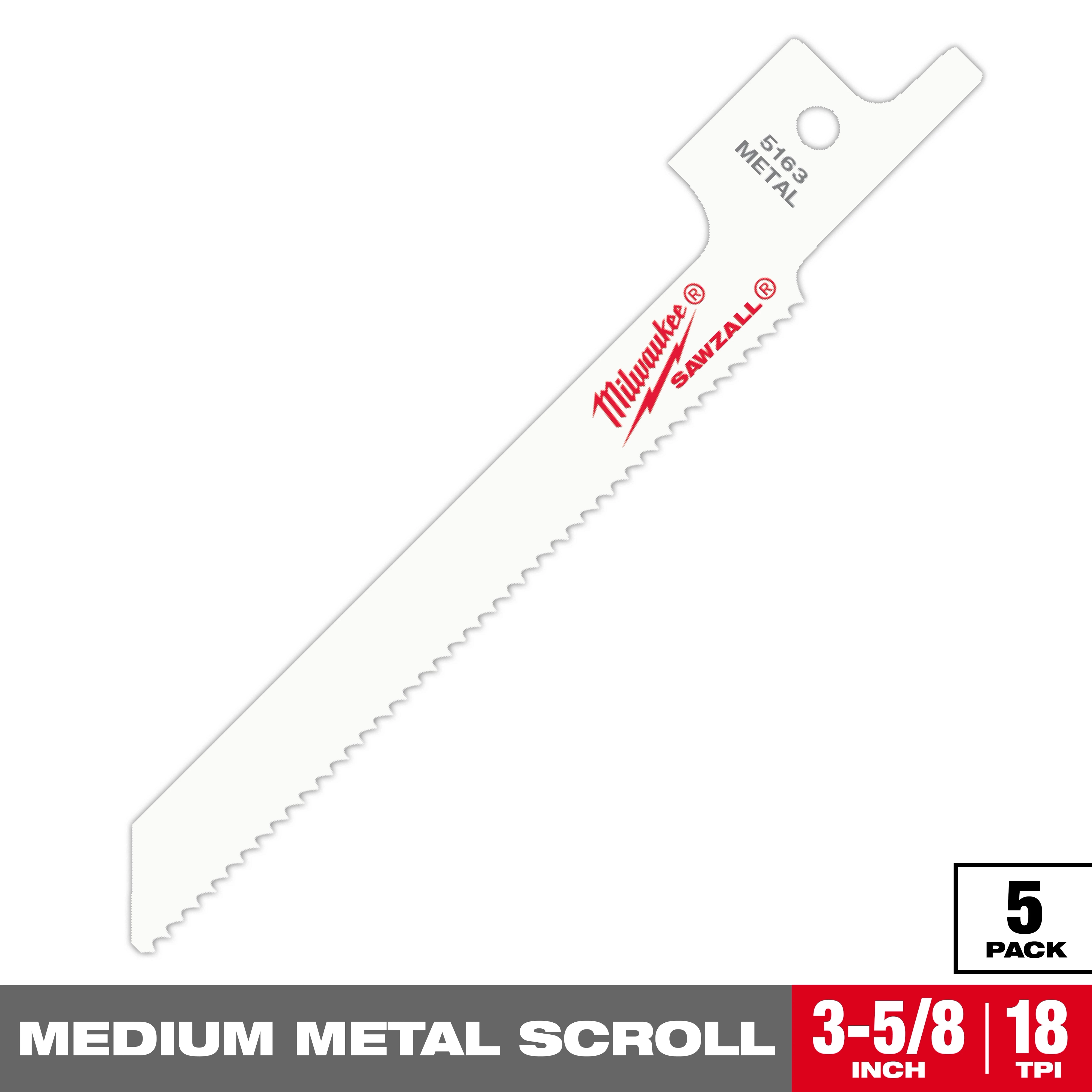 Milwaukee Sawzall medium metal scroll blade measures 3-5/8 inches with 18 teeth per inch (TPI). The blade is designed for cutting medium metal and comes in a pack of five. The blade is white with red branding indicating it's for metal cutting.