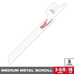 Milwaukee Sawzall medium metal scroll blade measures 3-5/8 inches with 18 teeth per inch (TPI). The blade is designed for cutting medium metal and comes in a pack of five. The blade is white with red branding indicating it's for metal cutting.