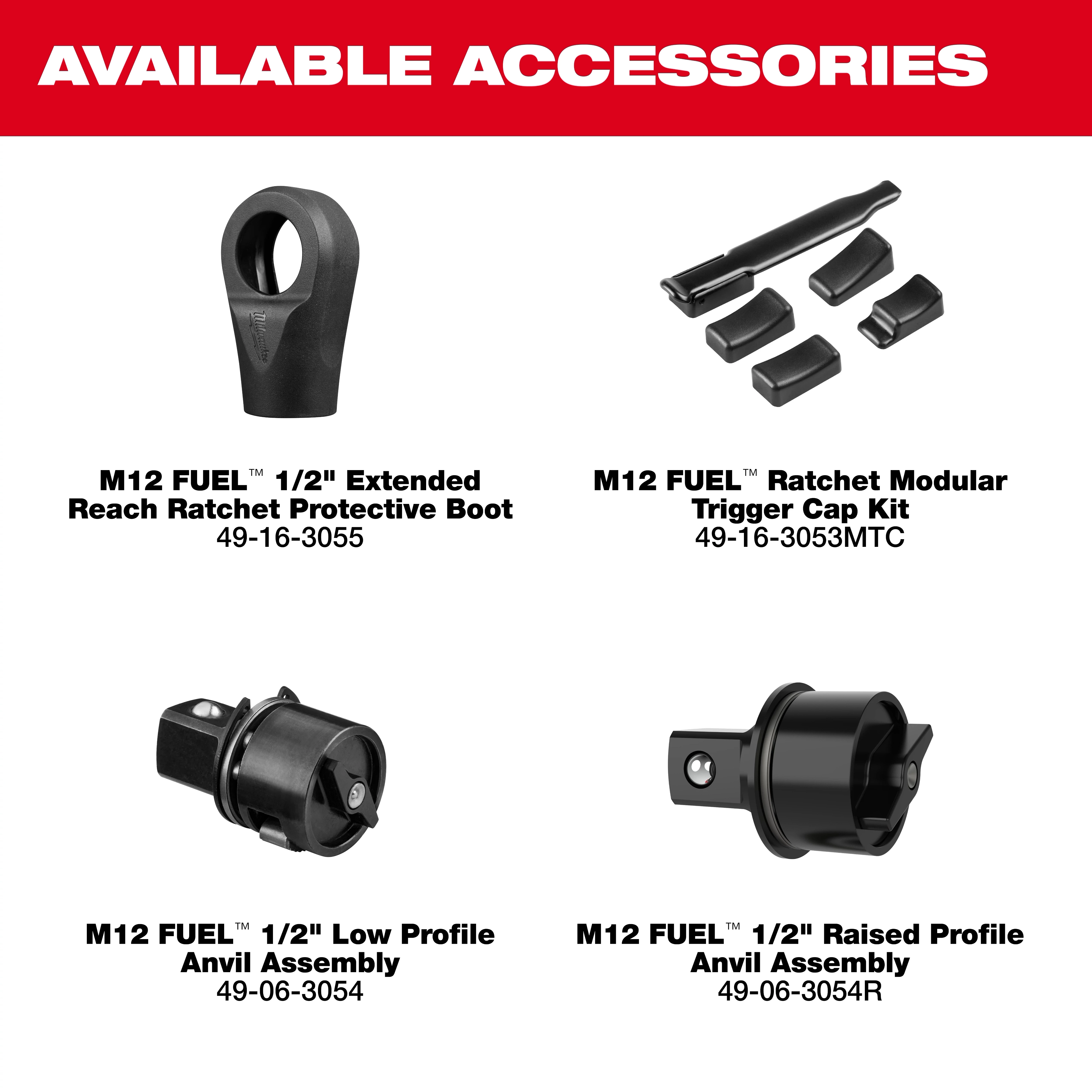 Accessories for the M12 FUEL 1/2" Extended Reach Ratchet, including boot, caps, and anvil assemblies.