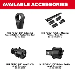 Accessories for the M12 FUEL 1/2" Extended Reach Ratchet, including boot, caps, and anvil assemblies.