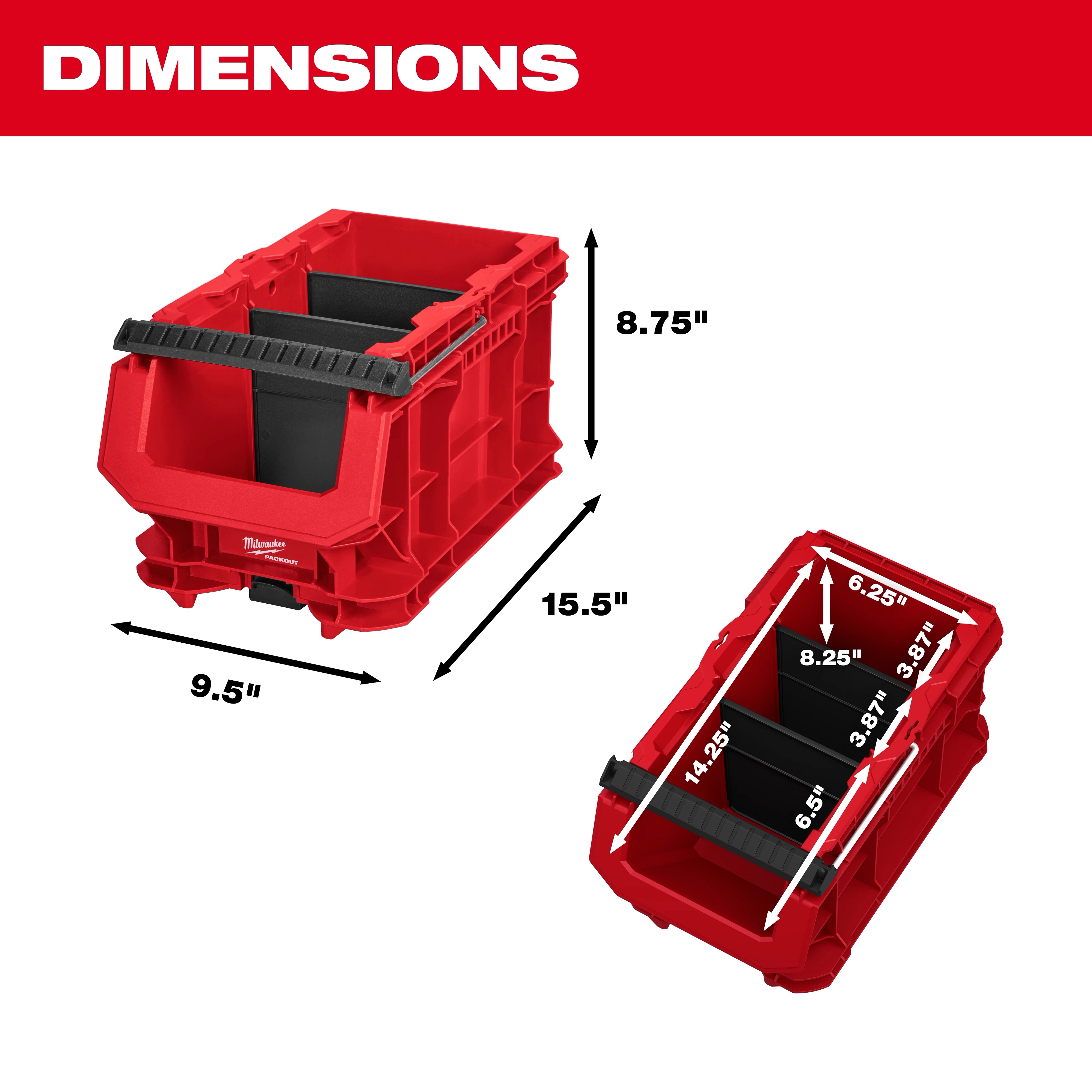 PACKOUT Compact Crate shown from two angles with labeled length, width, and height measurements.