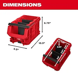 PACKOUT Compact Crate shown from two angles with labeled length, width, and height measurements.