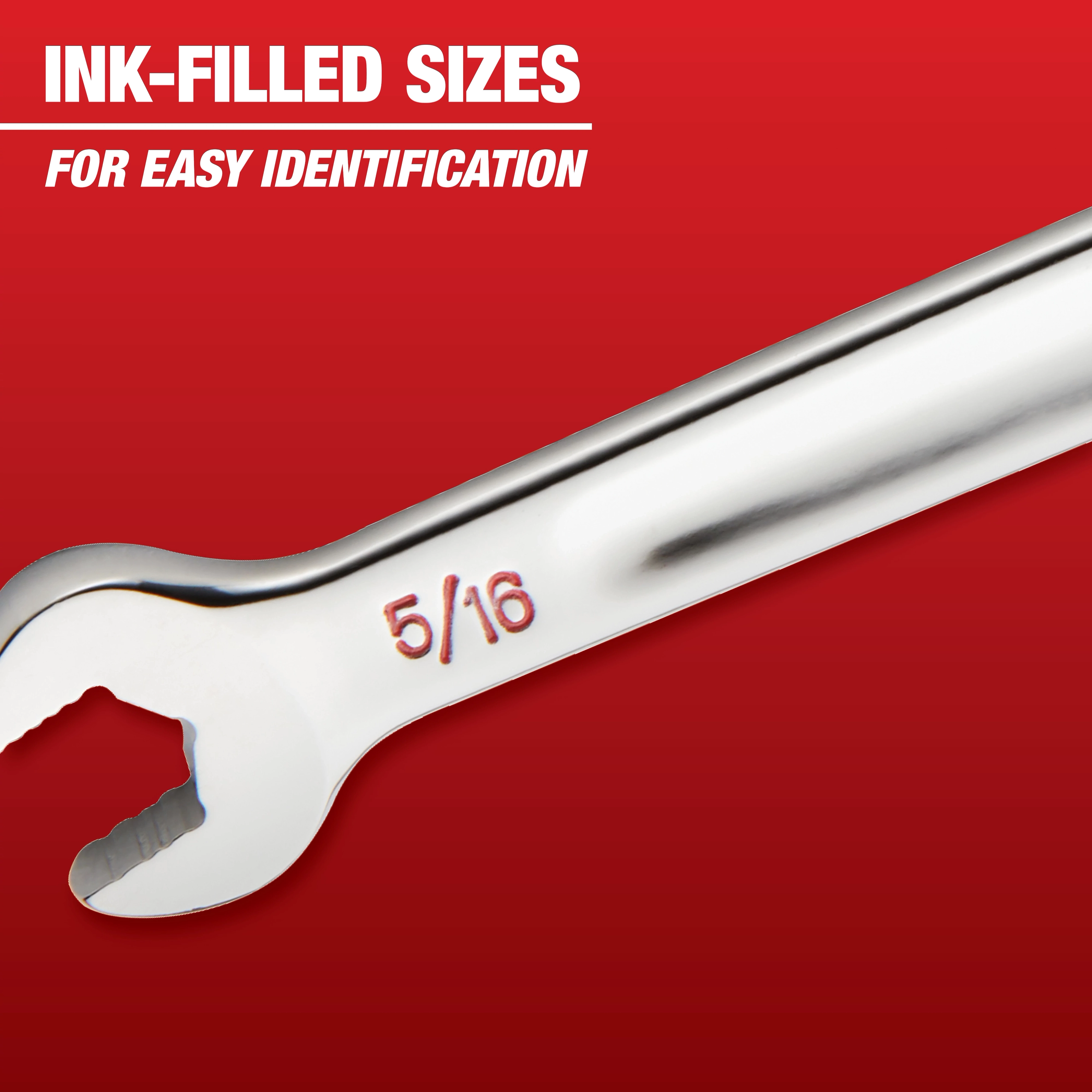 A silver wrench marked with the size 5/16 highlighted by ink-filled engraving for easy identification, against a red background with the text "Ink-filled sizes for easy identification." The image relates to Mechanic Hand Tools.