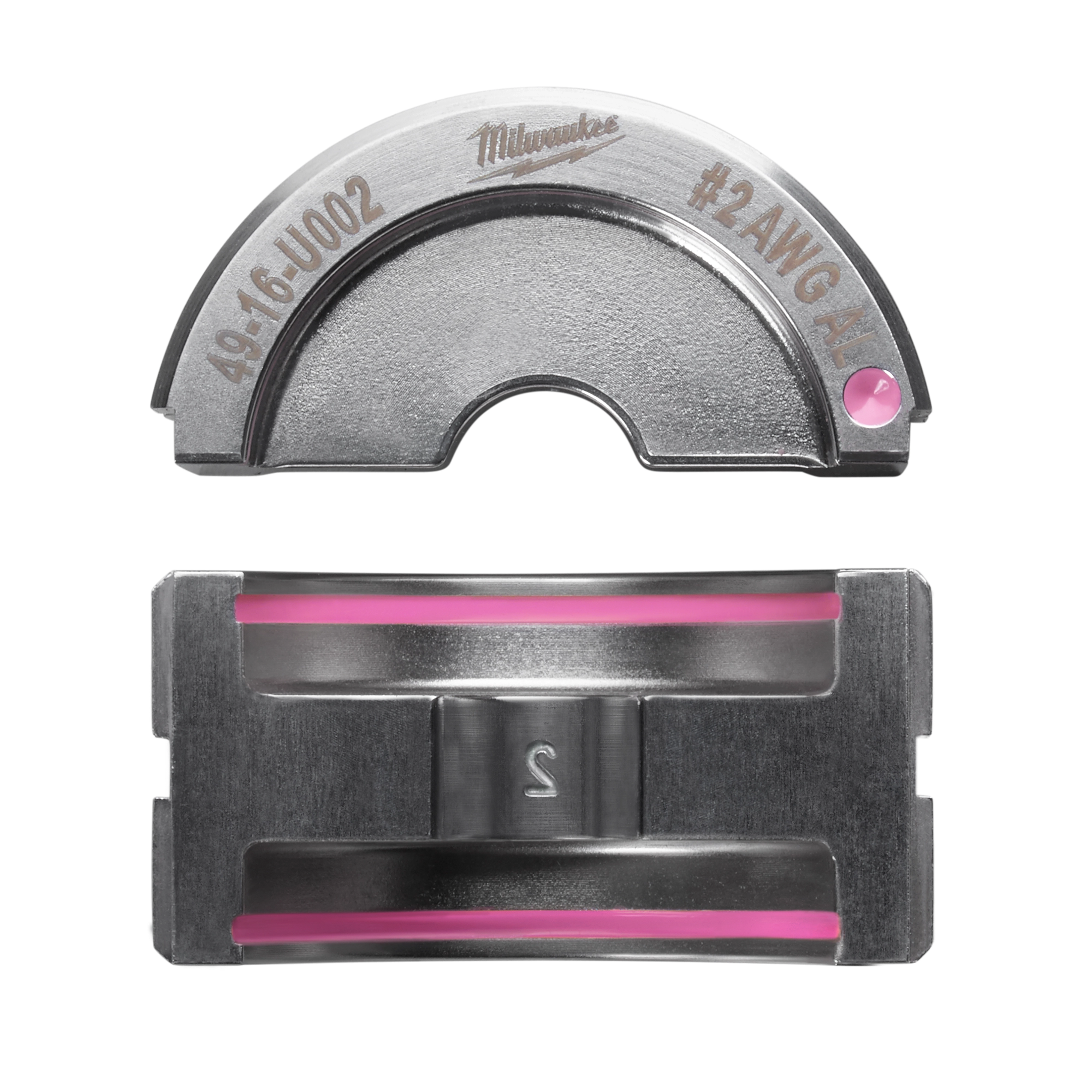 %232 Aluminum U Style Die is a metallic tool component with pink accents. It has semi-circular and rectangular parts, labeled for #2 AWG aluminum use, featuring the identification number 49-16-U002.