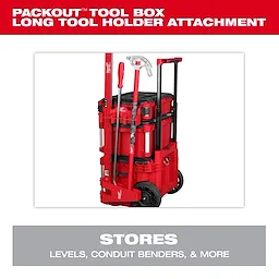 A red Packout tool box with a long tool holder attachment. The attachment is designed to store levels, conduit benders, and more, as indicated by the text.