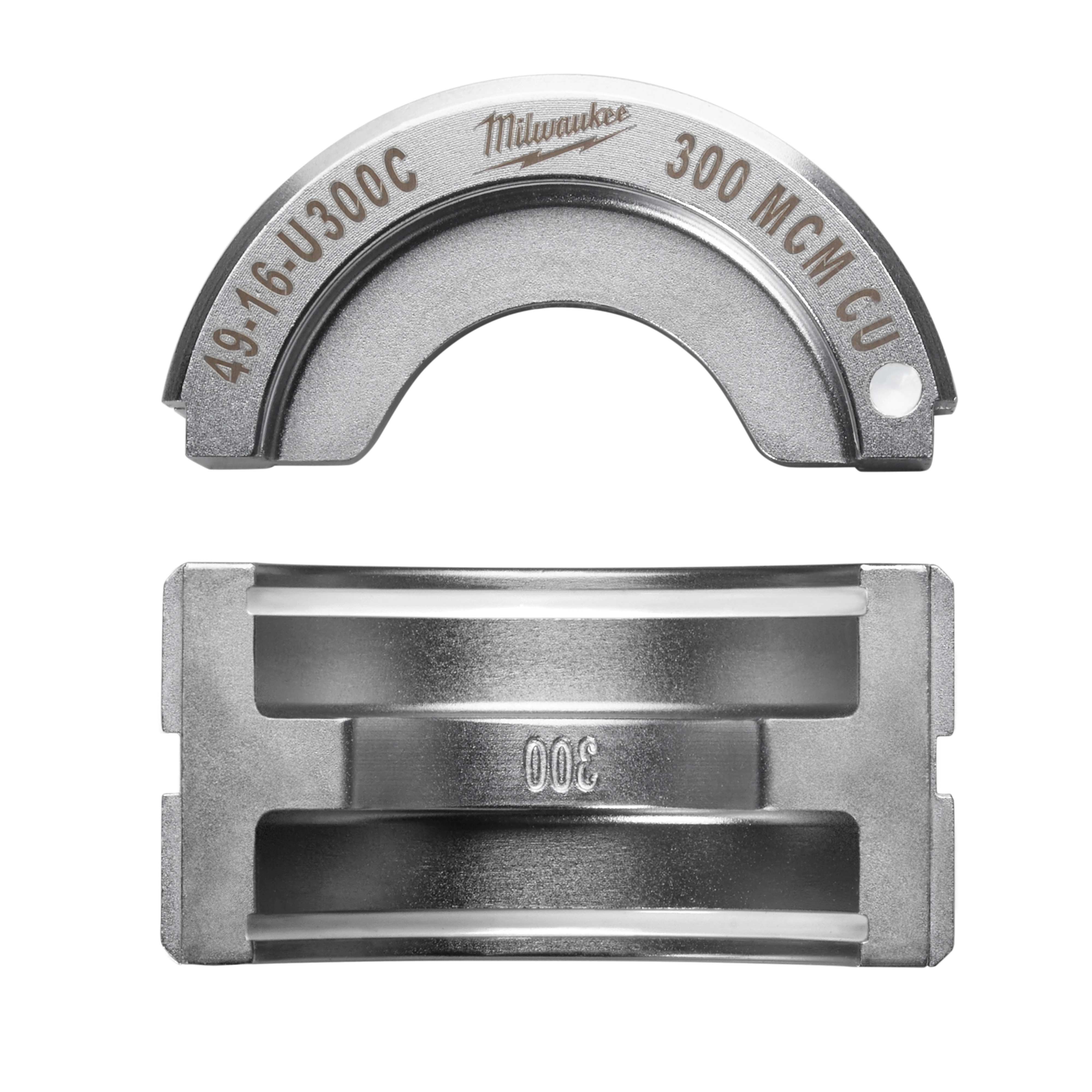 The image features a 300 MCM Copper U Style Die, showcasing two metal components used for crimping copper connectors. The top part is crescent-shaped with embossed text, and the bottom part is rectangular with a grooved surface. Both parts are metallic gray in color.