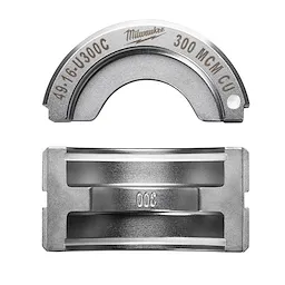 The image features a 300 MCM Copper U Style Die, showcasing two metal components used for crimping copper connectors. The top part is crescent-shaped with embossed text, and the bottom part is rectangular with a grooved surface. Both parts are metallic gray in color.