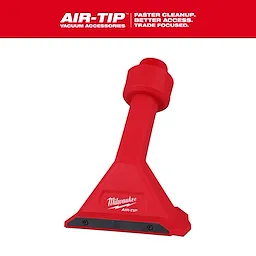 Image of a red AIR-TIP™ Magnetic Utility Nozzle by Milwaukee. The nozzle has a wide, flat tip and attaches to vacuum accessories. Text above reads: “AIR-TIP™ Faster Cleanup. Better Access. Trade Focused.”