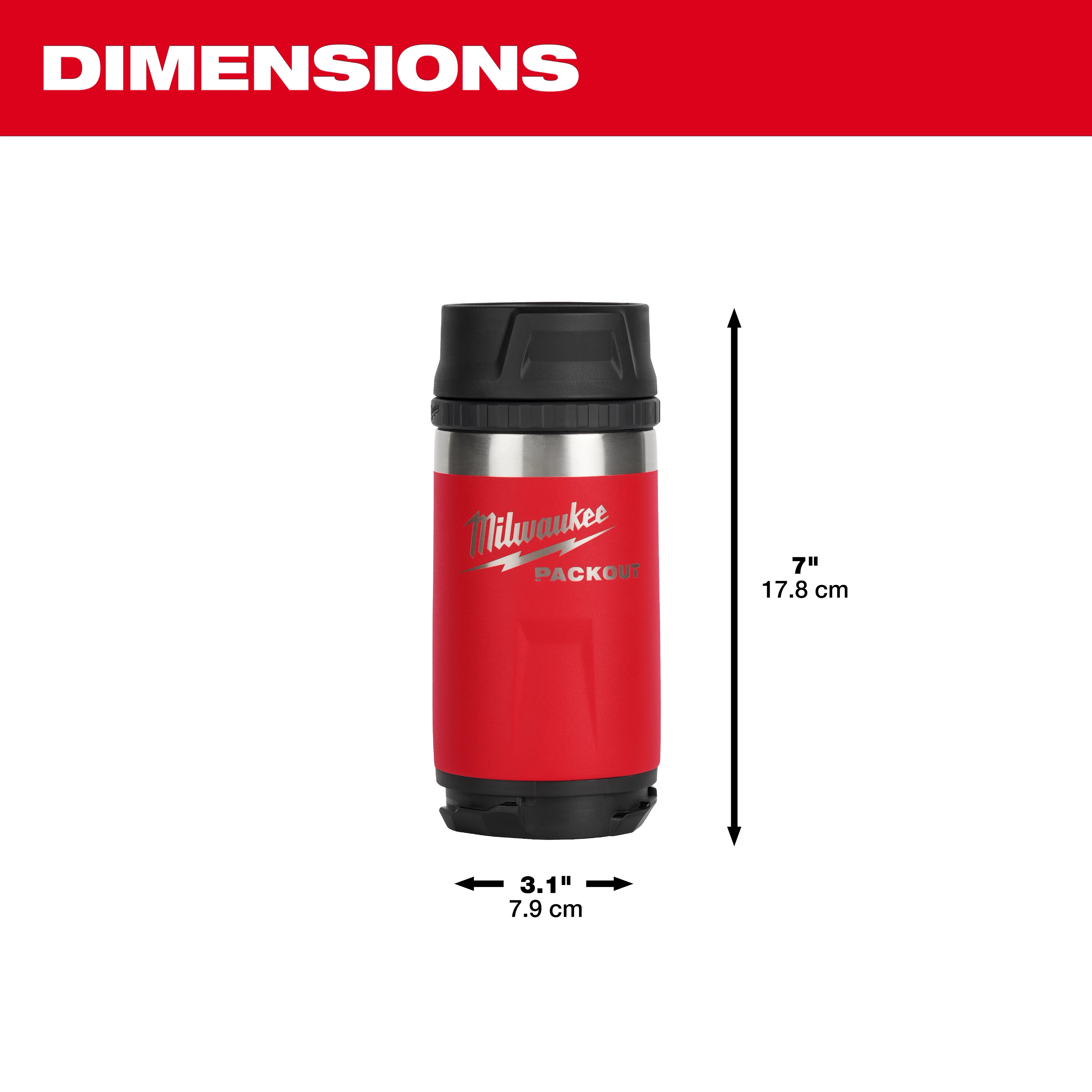 Red PACKOUT 12oz Insulated Bottle with Sip Lid, dimensions: 7 inches (17.8 cm) tall, 3.1 inches (7.9 cm) in diameter.