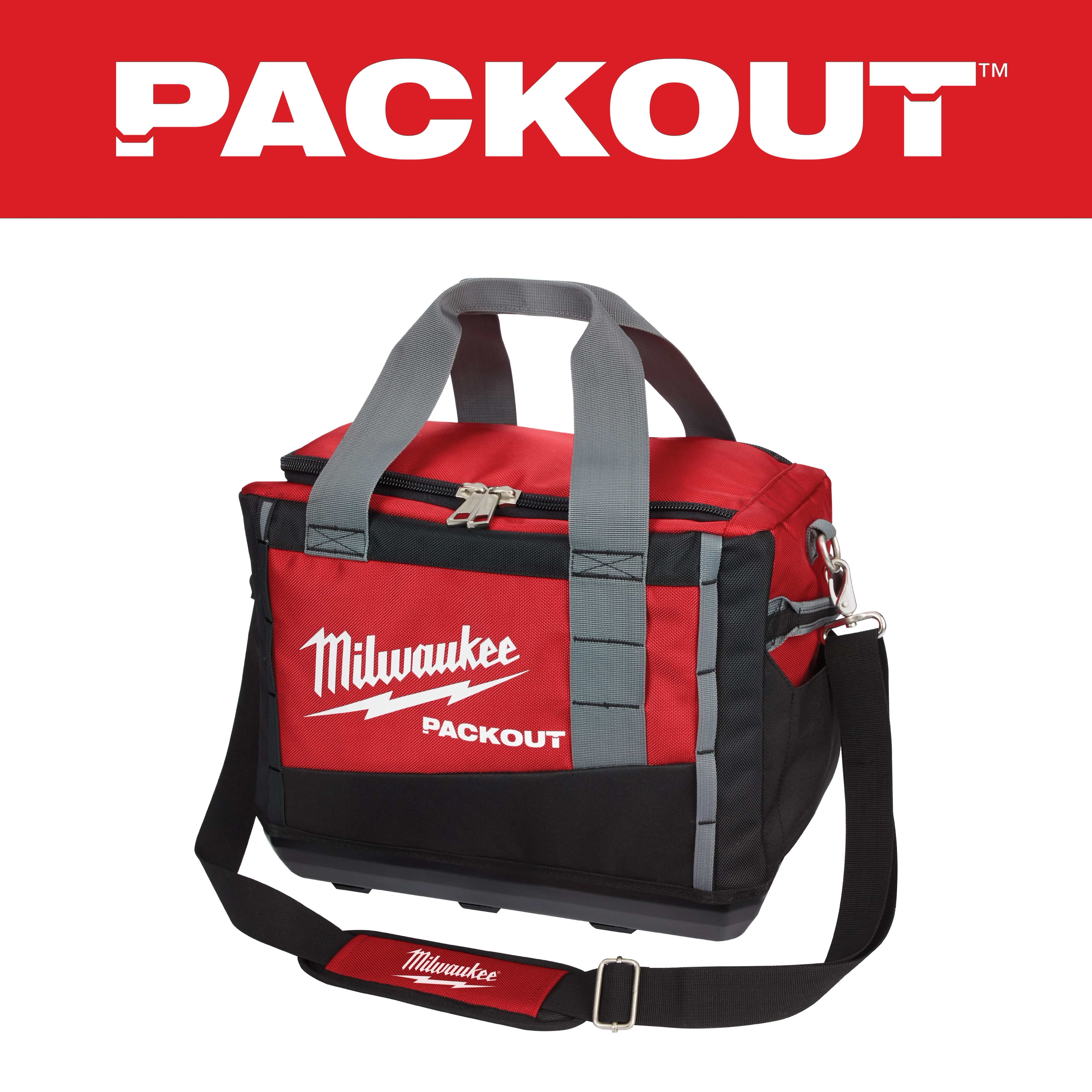 Milwaukee PACKOUT tool bag in red and black with gray handles, featuring a zippered top, shoulder strap, and Milwaukee logo.