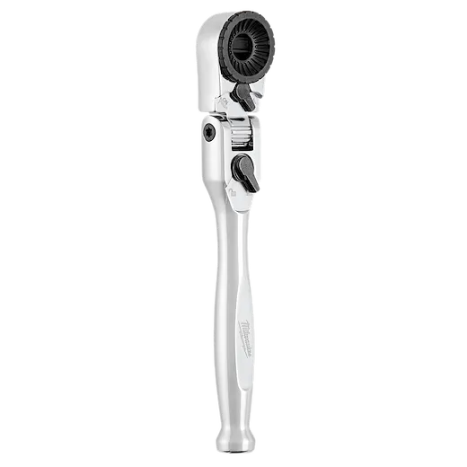 1/4” Hex Drive Mini Flex Head Bit Ratchet with a silver handle and adjustable head, featuring a compact design for tight spaces.