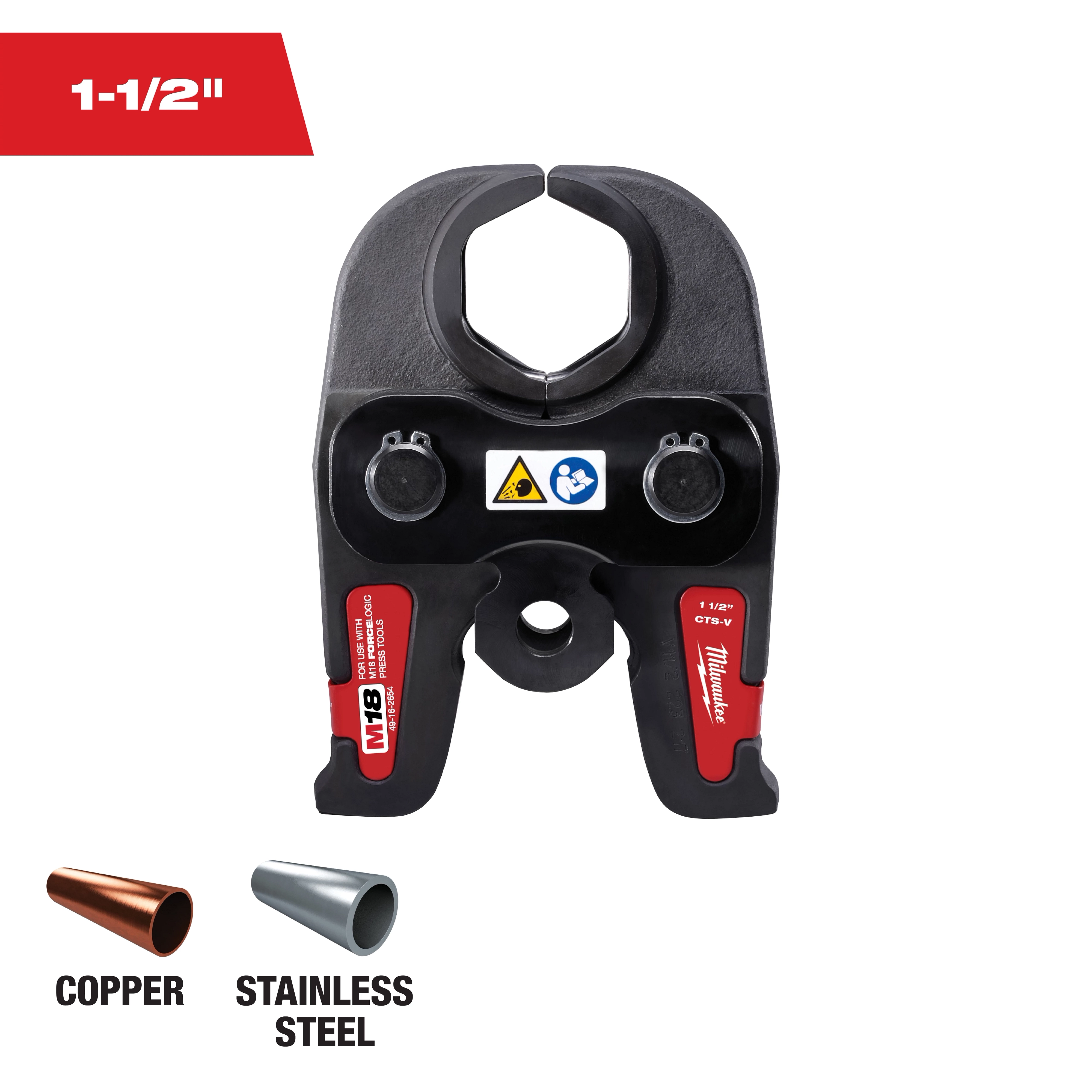 A Milwaukee M18 1-1/2" copper and stainless steel crimping tool. The image shows the tool with icons indicating safety guidelines and compatible materials at the bottom.