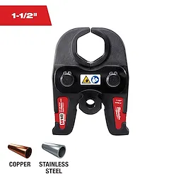 A Milwaukee M18 1-1/2" copper and stainless steel crimping tool. The image shows the tool with icons indicating safety guidelines and compatible materials at the bottom.