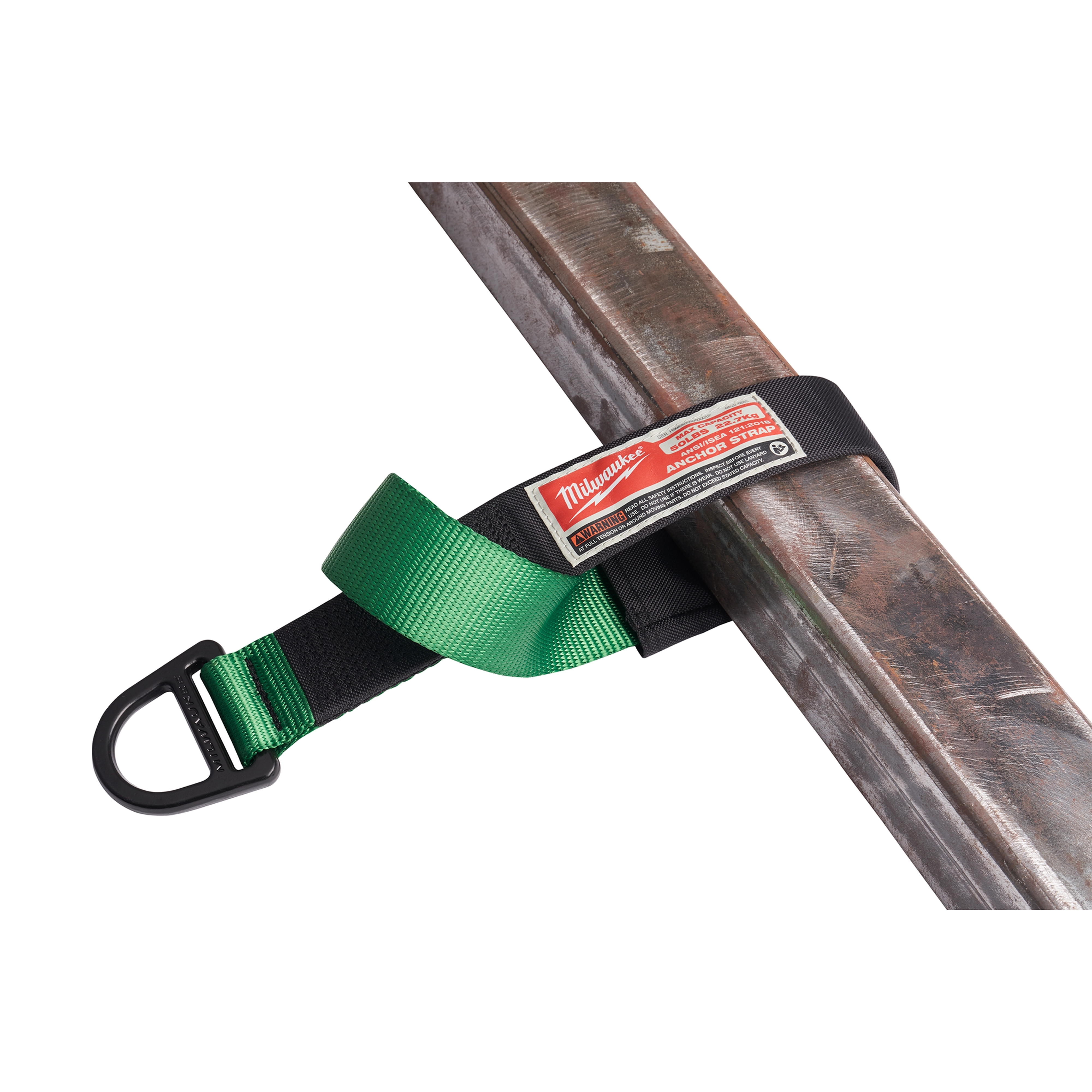 50LBS Anchor Strap looped around a metal beam, features a green and black strap with a black metal carabiner at one end.