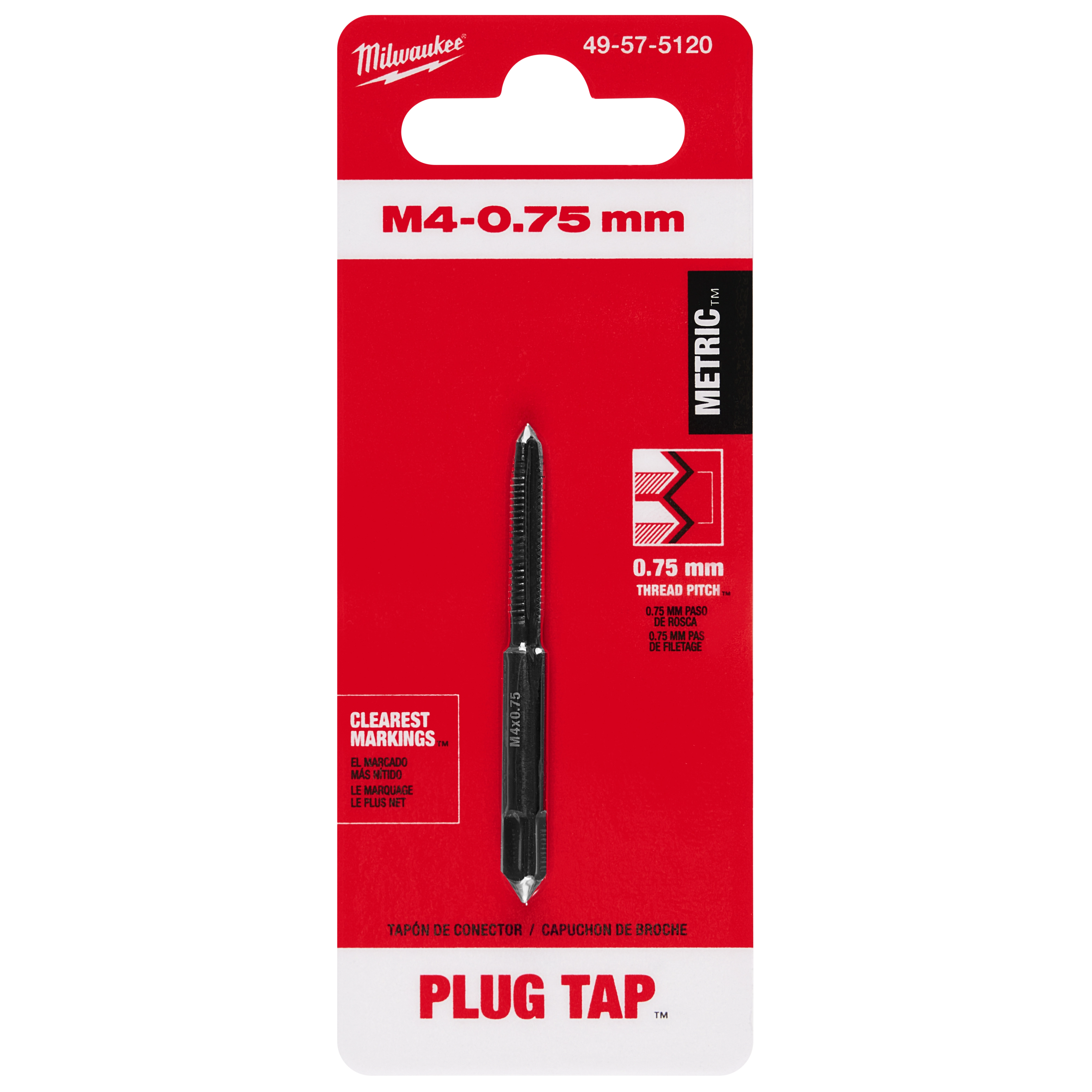 M4-0.75%20mm%20Straight%20Flute%20Plug%20Tap packaged in red and white, featuring a detailed image and measurements.