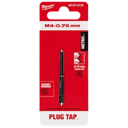 M4-0.75%20mm%20Straight%20Flute%20Plug%20Tap packaged in red and white, featuring a detailed image and measurements.